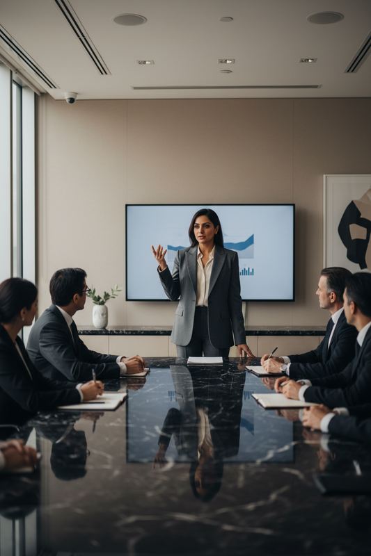 A woman leading a team meeting, dressed in confident tailored workwear