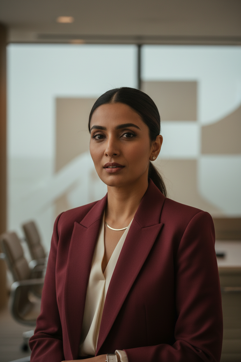 A woman returning to the workplace after time away, dressed in polished workwear