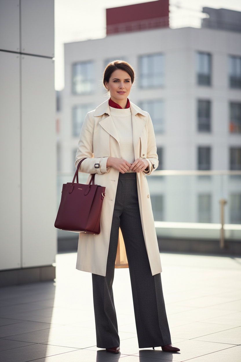 A woman on her first day at a new job, dressed in confident workwear