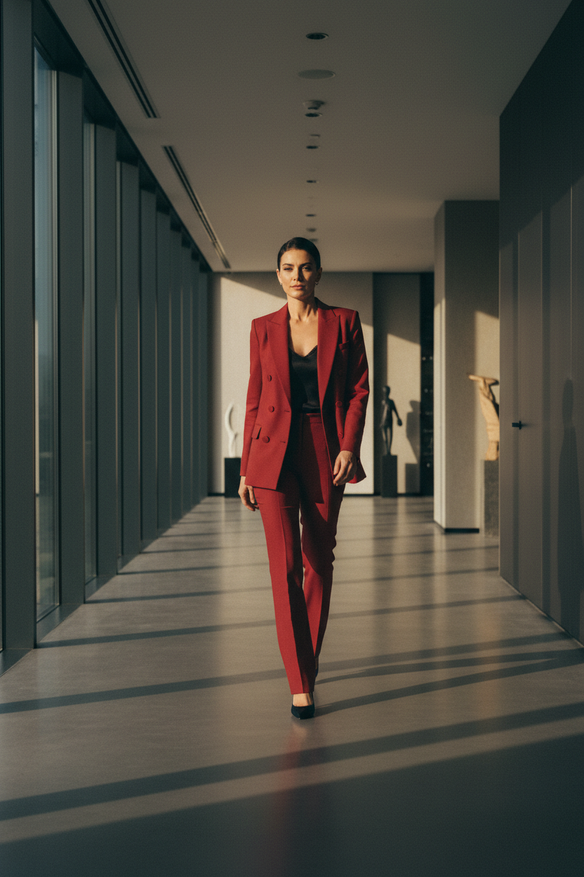 A woman dressed in tailored workwear, the morning of her promotion